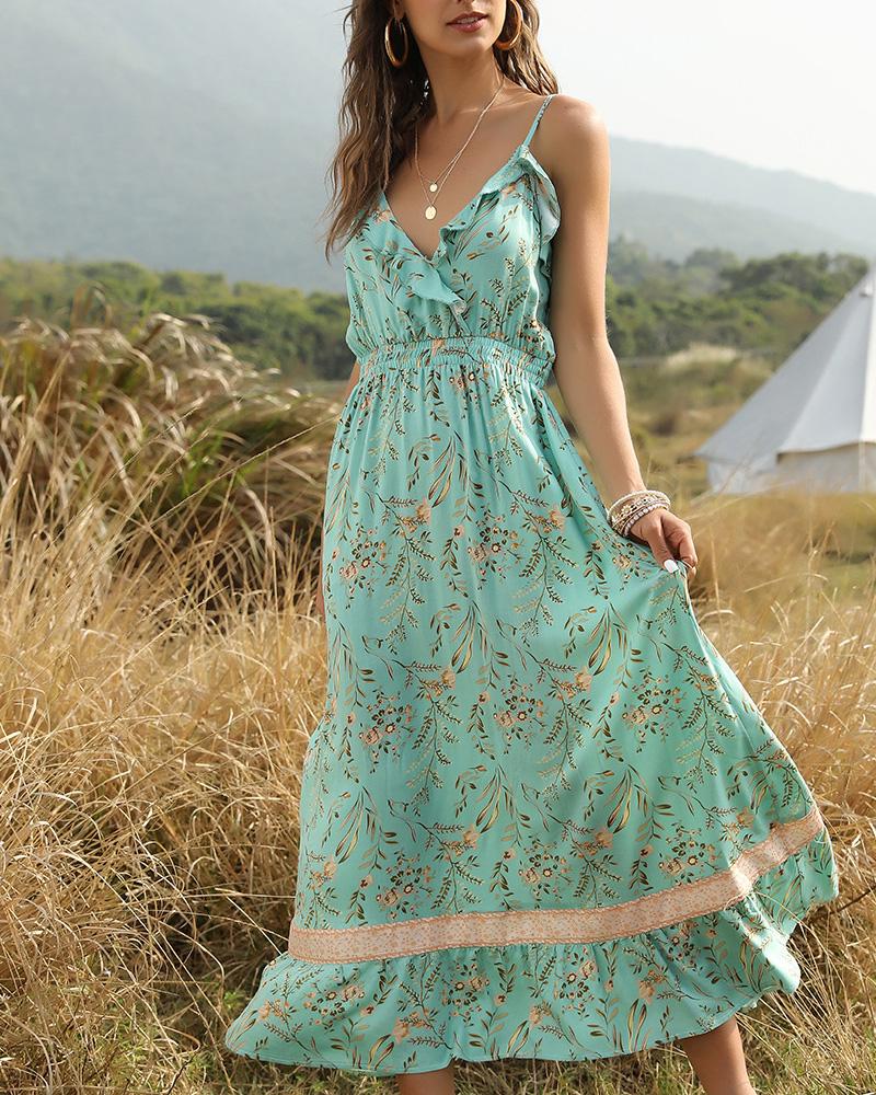 

Ruffles Trim Spaghetti Strap Floral Print Dress, Green