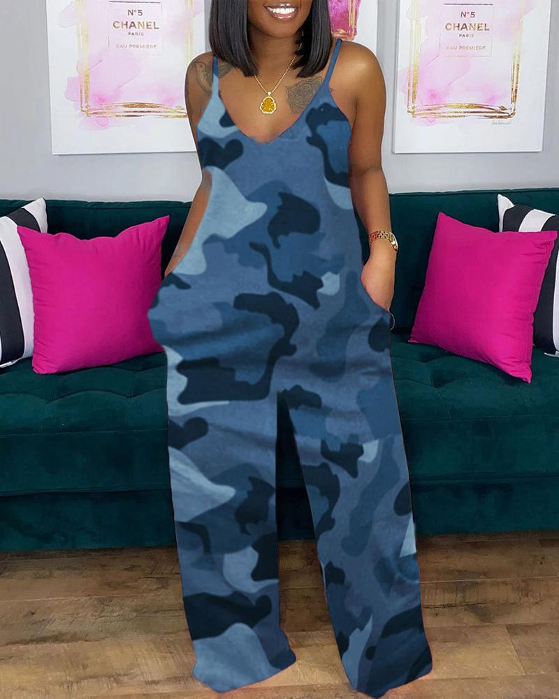 

Plus Size Camouflage Print Spaghetti Strap Jumpsuit, Blue