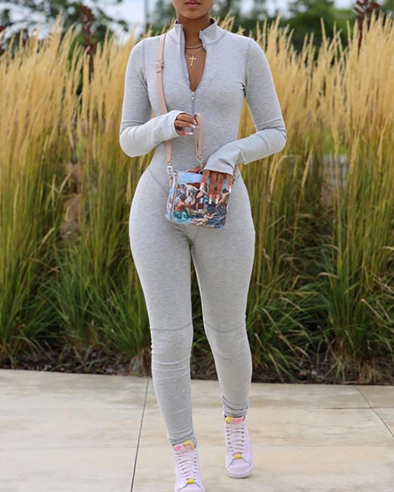 

Plunge Zipper Design Plain Jumpsuit, Gray