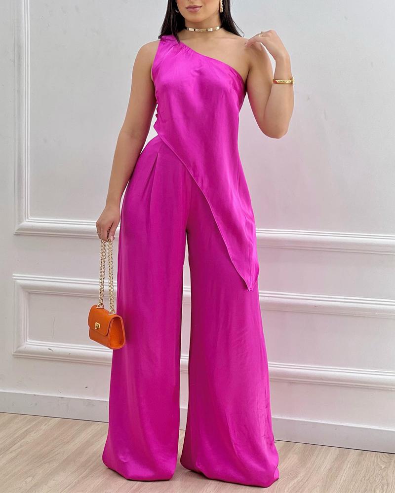 

One Shoulder Asymmetrical Hem Top & Wide Leg Pants Set, Hot pink