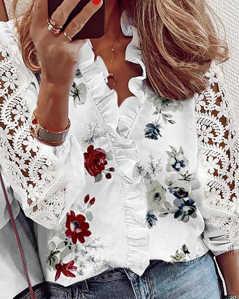 

Floral Print Frill Hem Crochet Lace Sleeve Top, White