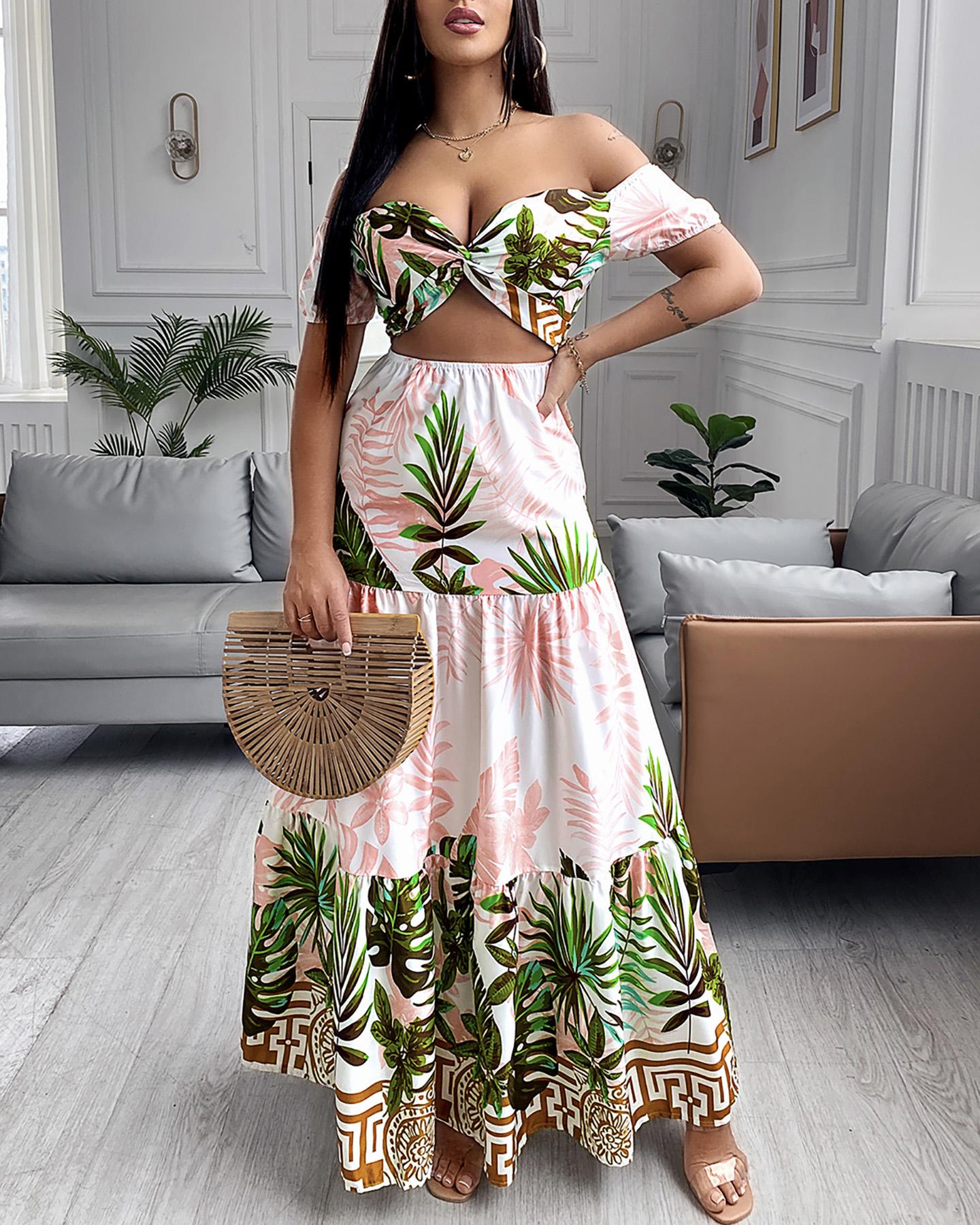 

Tropical Print Hollow-out Design Off Shoulder V Neck Maxi Dress, Multicolor