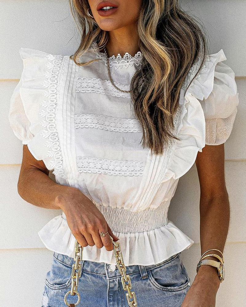 

Contrast Lace Ruffles Shirred Flutter Sleeve Top, White