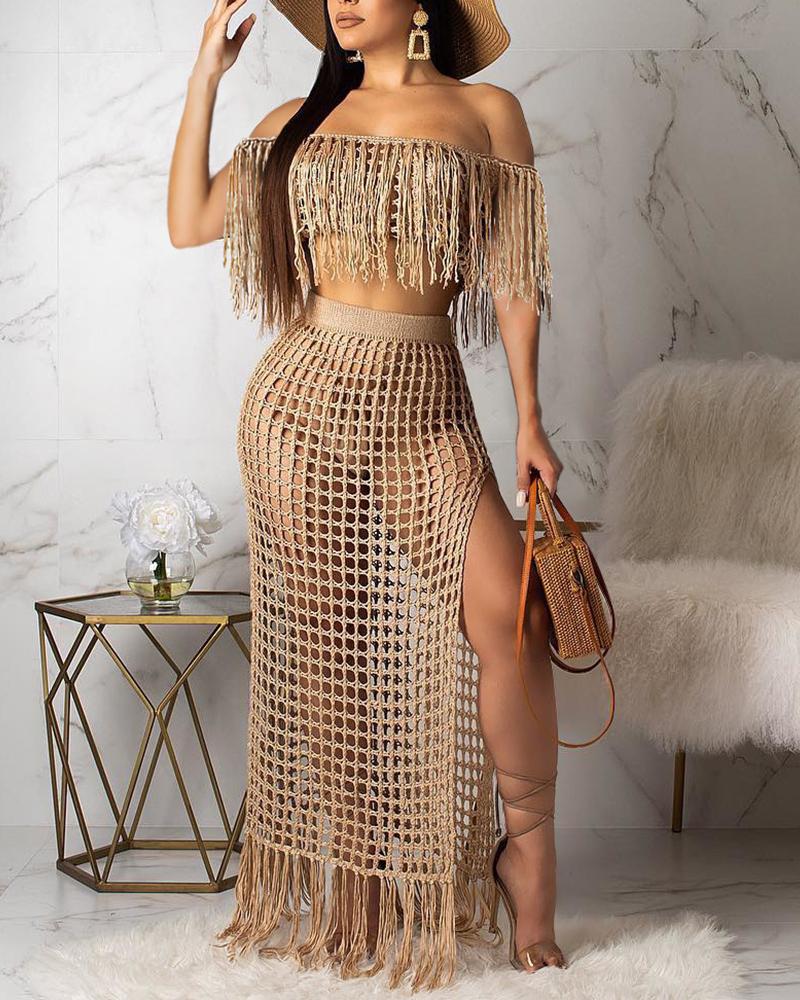 

Short Sleeve Crochet Tassel Design Cover Up, Khaki