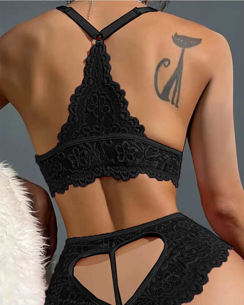 

Bow Decor Cutout Lace Lingerie Set, Black