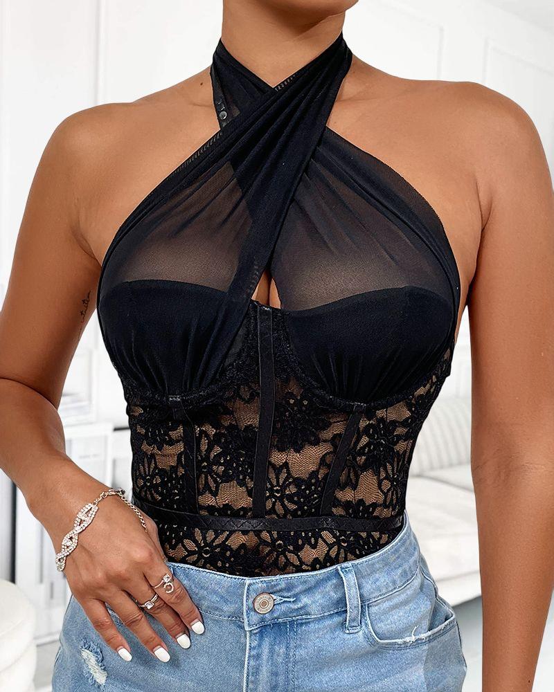 

Sheer Mesh Halter Backless Bodysuit, Black