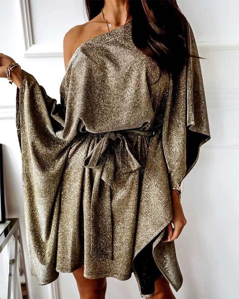 

Glitter Bell Sleeve Belted Casual Dress, Gold