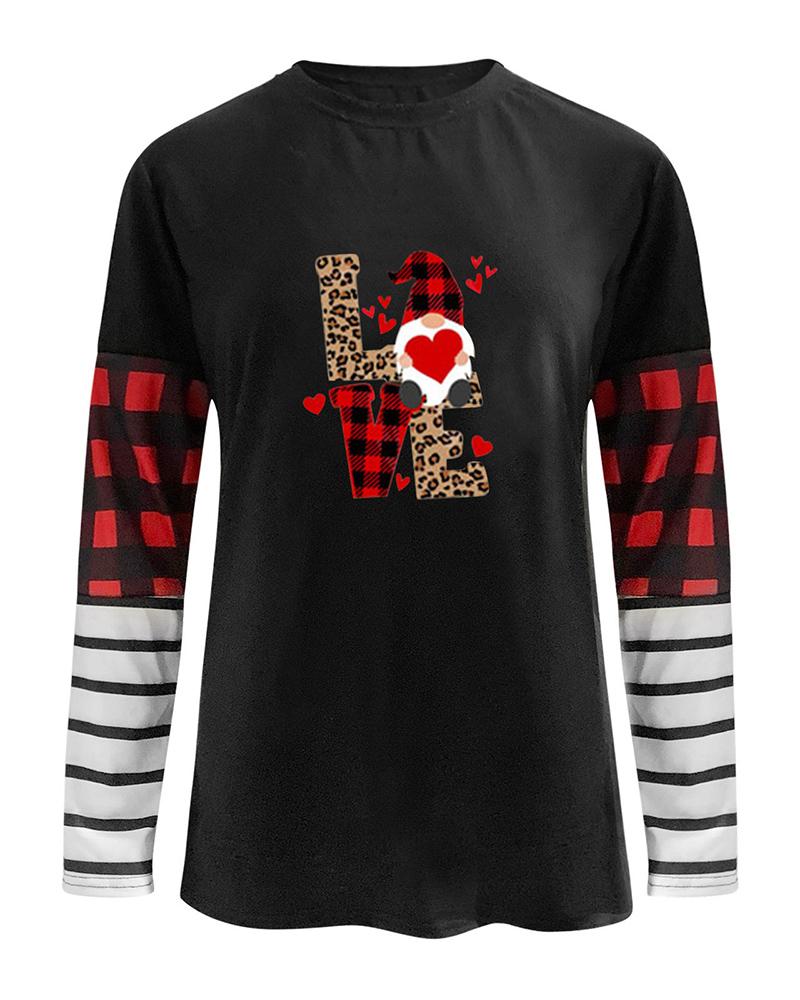 Valentine's Day O-Neck Striped Plaid Heart Letter Print Top