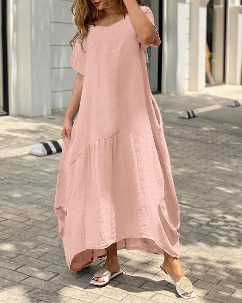 

V-Neck Short Sleeve Ruched Maxi Dress, Pink