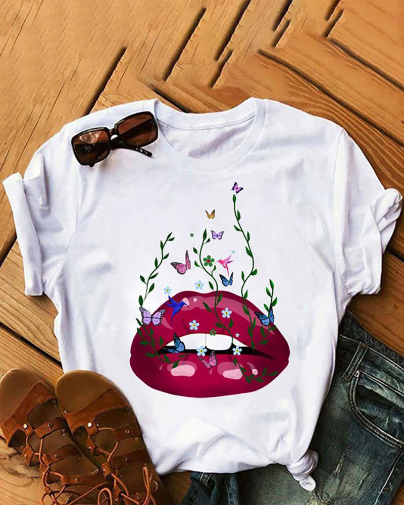 

Lip Letter Print Short Sleeve Casual T-shirt, Style2