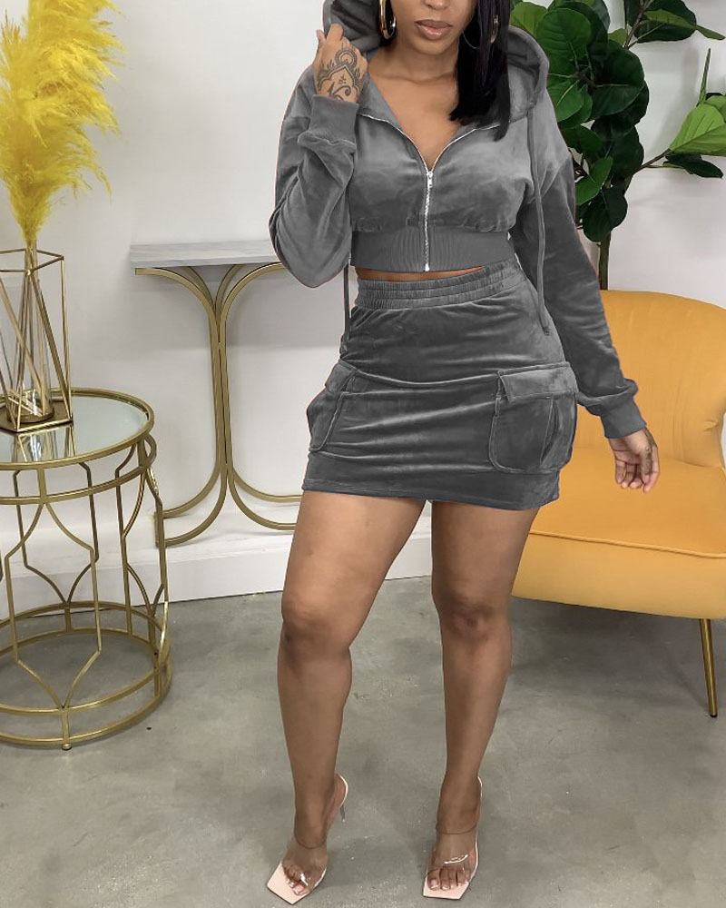 

Velvet Zip Up Crop Hooded Top & Skirt Set, Gray