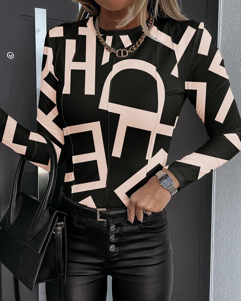 

Long Sleeve Letter Print Skinny Top Without Chain, Black