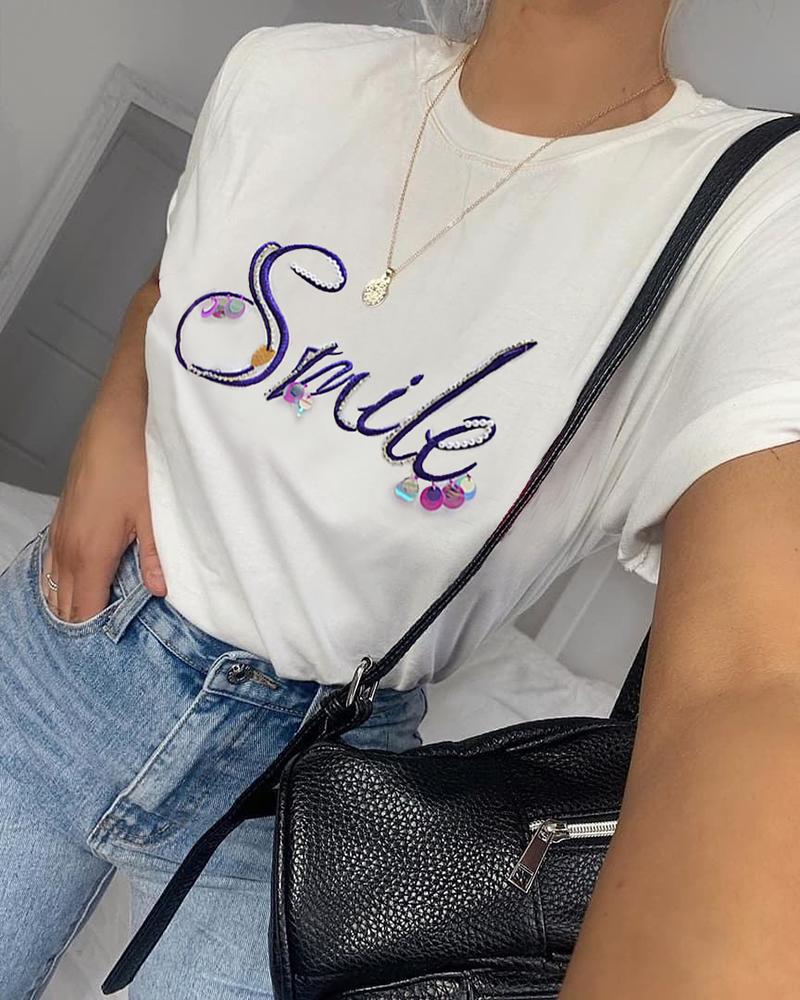 

Sequins Letter Embroidery Casual T-shirt, White