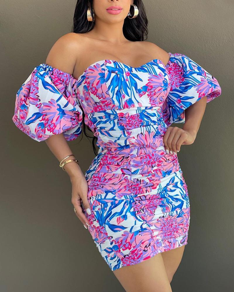 

All Over Print Lantern Sleeve Bandeau Bodycon Dress, Multicolor