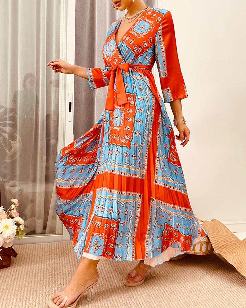 

Scarf Print Surplice Neck Pleated Maxi Dress, Blue