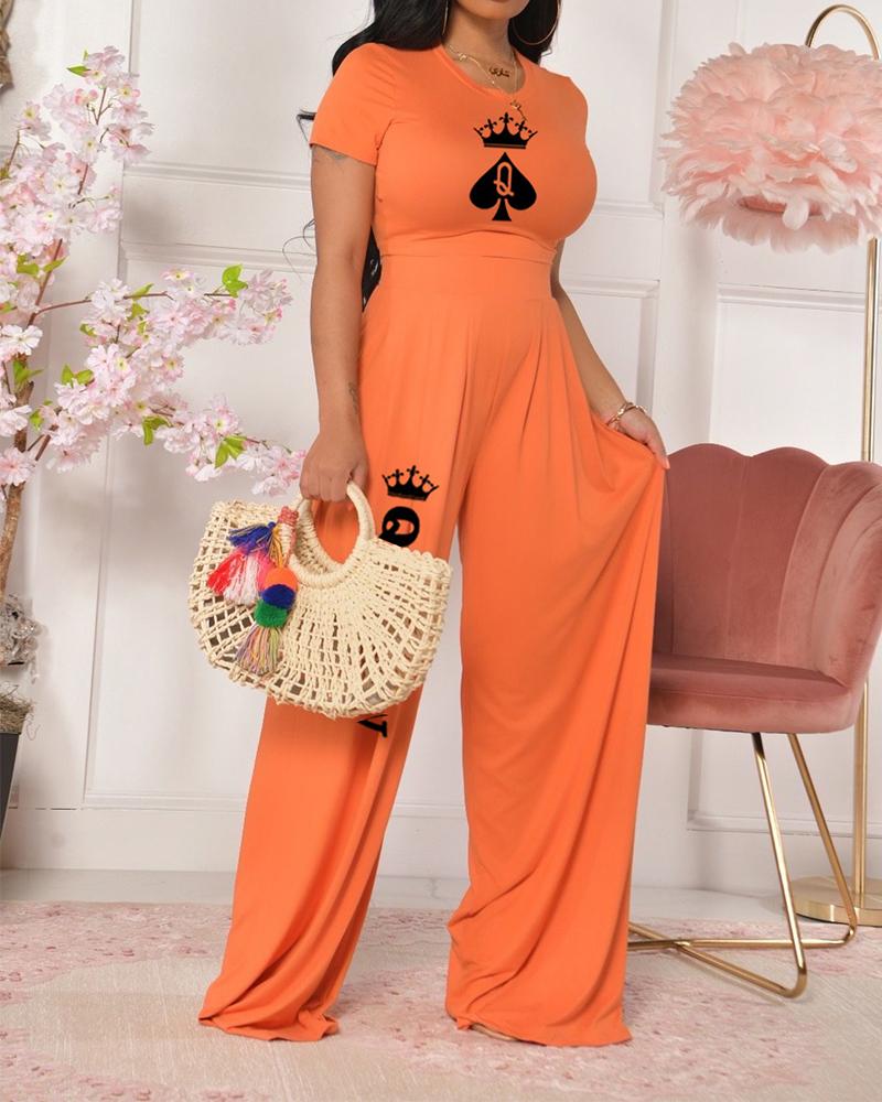 

Letter Print Short Sleeve Top & Wide Leg Pants Set, Orange