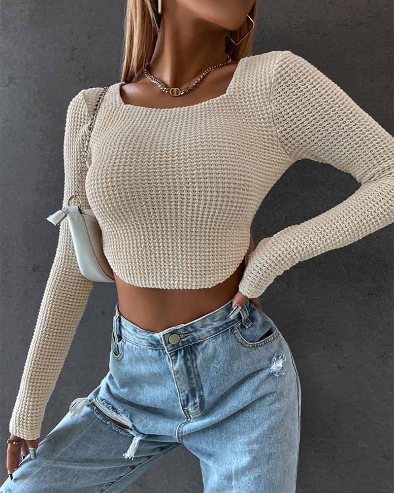

Square Neck Long Sleeve Waffle Knit Skinny Top, Apricot