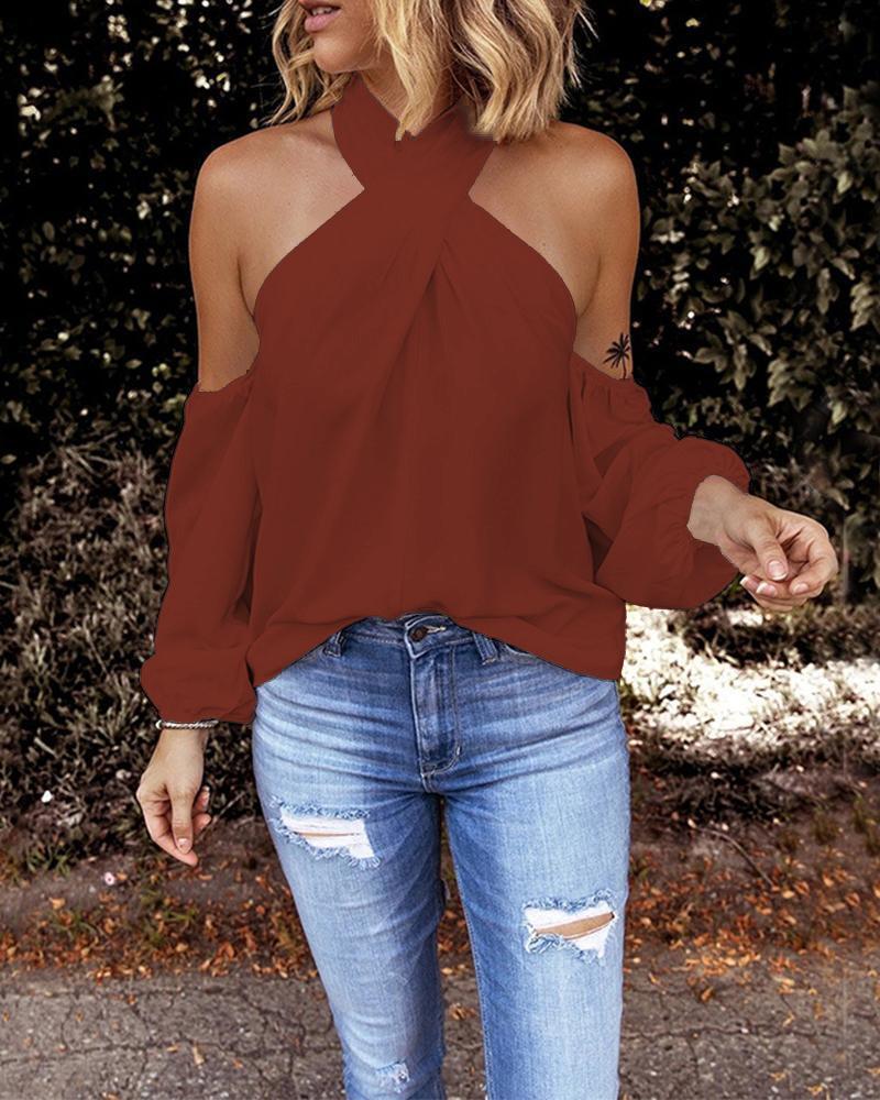 

Crisscross Halter Cold Shoulder Top, Coffee