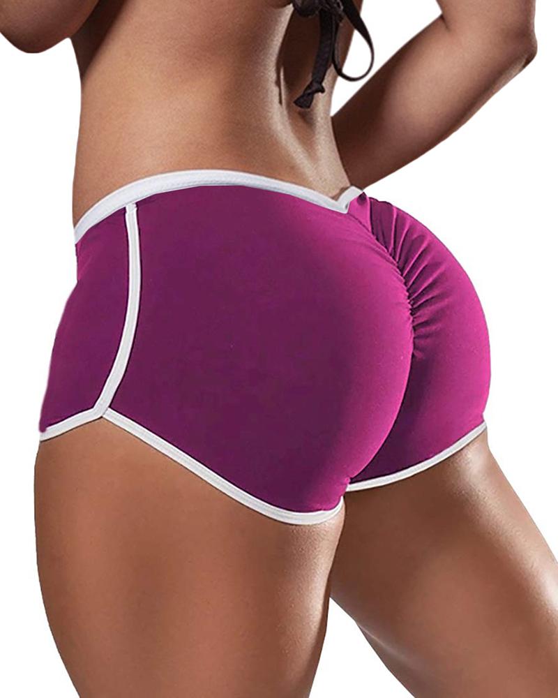 

Low Waist Contrast Binding Ruched Yoga Shorts, Purple