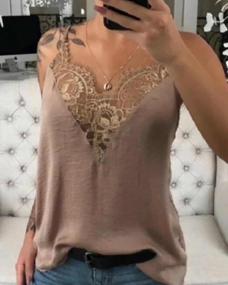 

Spaghetti Strap Lace Trim Top, Khaki