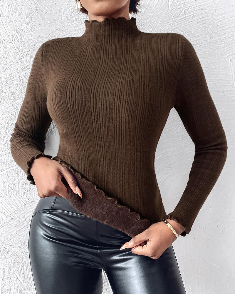 

Fleece Lined Stand Collar Long Sleeves Frill Hem Sweater Thermal Fall and Winter Top, Coffee