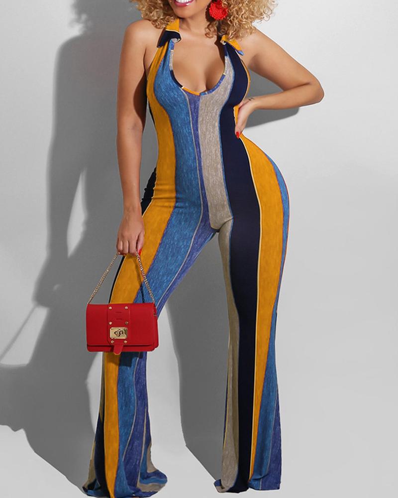 

Colorblock Sleeveless Halter Backless Bootcut Jumpsuit, Orange