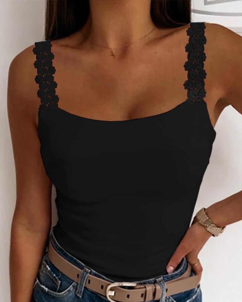 

U Neck Lace Patch Tank Top, Black