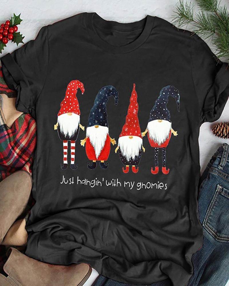 

Christmas Letter Gnomes Svg Print Casual T-shirt, Black