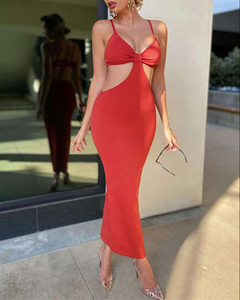 

V Neck Cutout Backless Skinny Maxi Dress, Orange