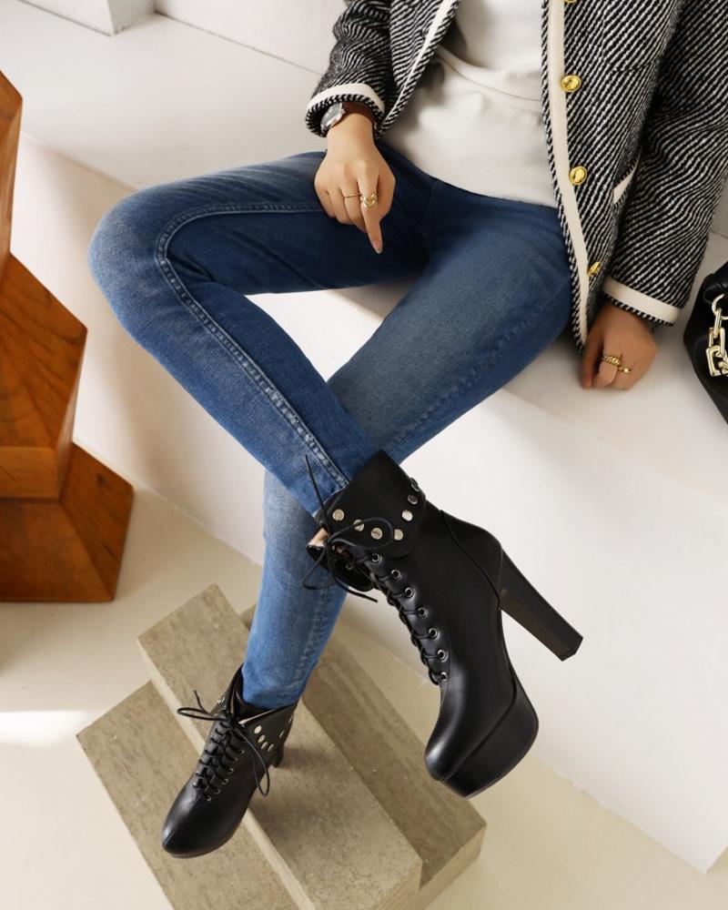 

Womens Lace-up Round Toe Wax Finish High Heel Boots, Black