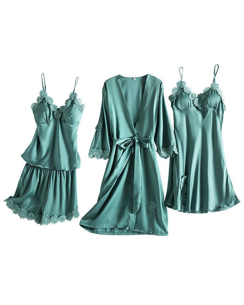 

Satin Lace Detail 4Pcs Pajama Set, Green
