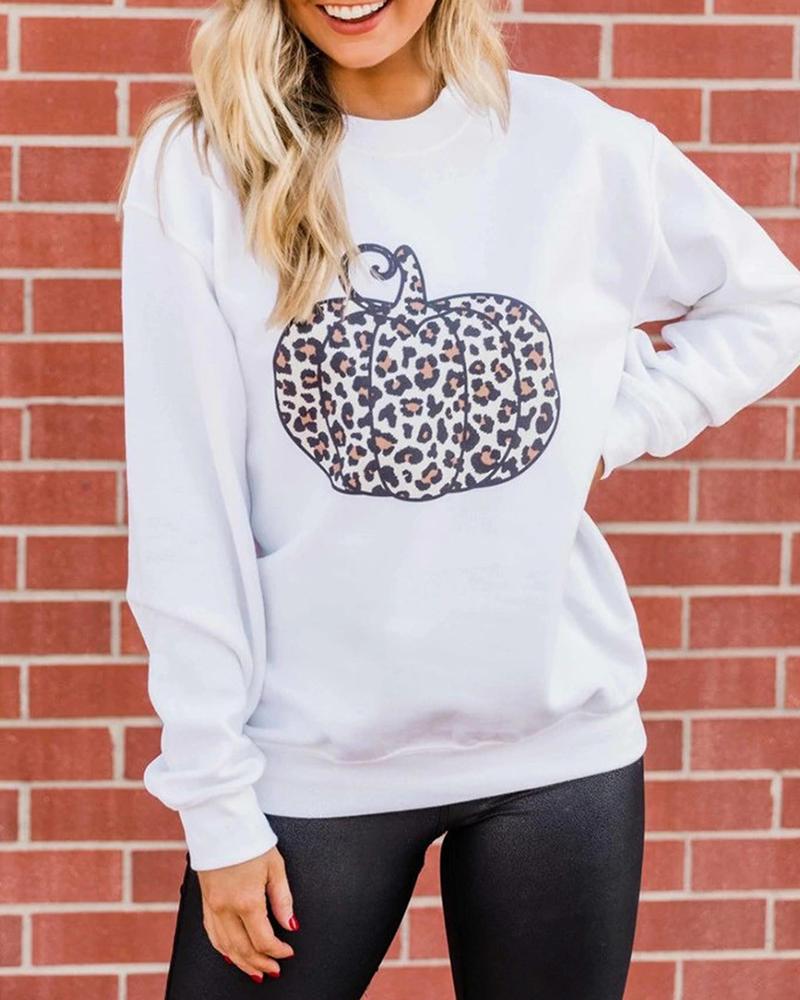 

Cheetah Pumpkin Pattern Print Long Sleeve Sweatshirt, White