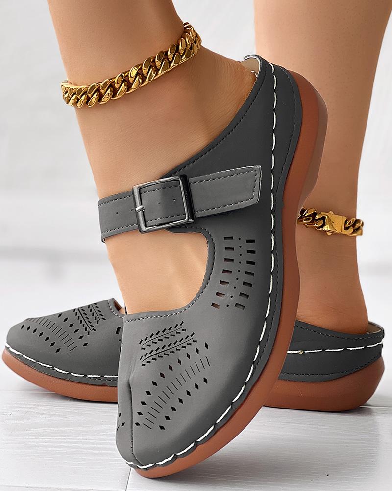 

Hollow Buckled Summer Wedge Sandals, Dark grey