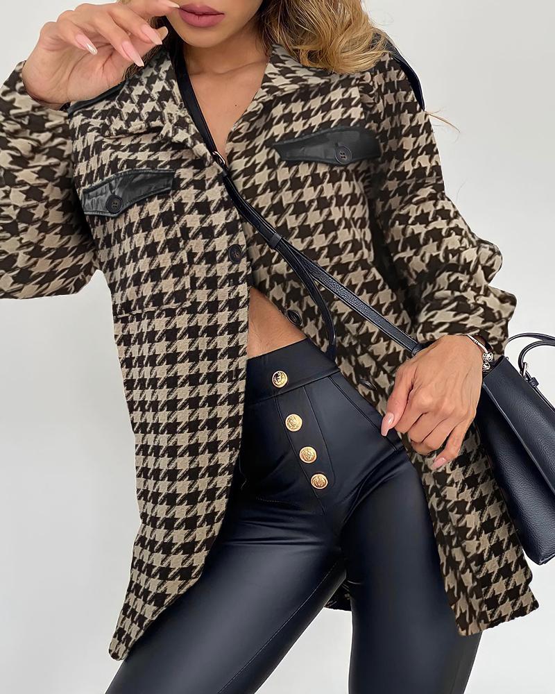 Houndstooth Print Patchwork Buttoned Shacket