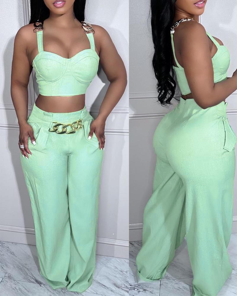 

Chain Decor Crop Top & High Waist Pants Set, Green