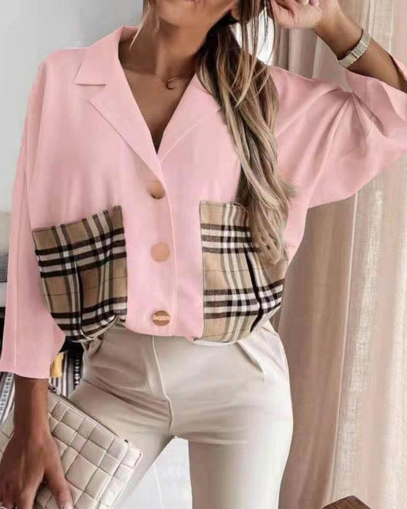 

Plaid Print Pocket Design Buttoned Top, Pink