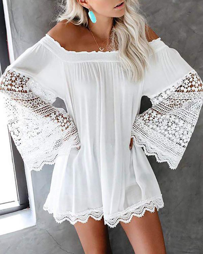Scallop Lace Trim Bell Sleeve Casual Dress