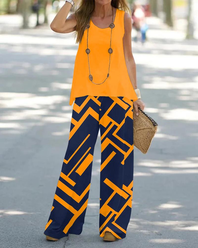 

Casual Tank Top & Geometric Print Wide Leg Pants Set, Yellow