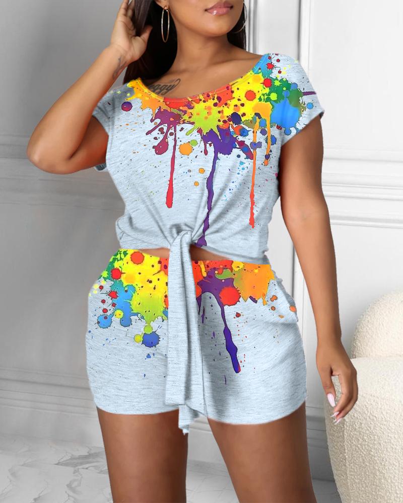 

Ink Splash Tied Detail Casual Top & Shorts Set, Gray