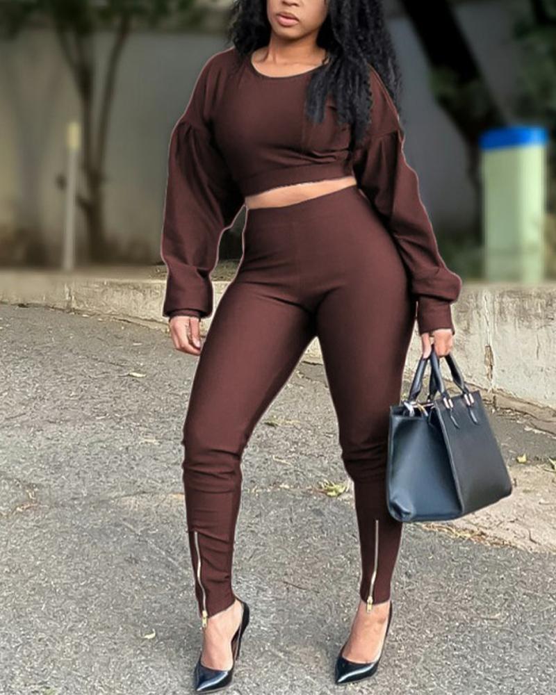

Puff Sleeve Crop Top & Zipper Hem Pants Set, Coffee