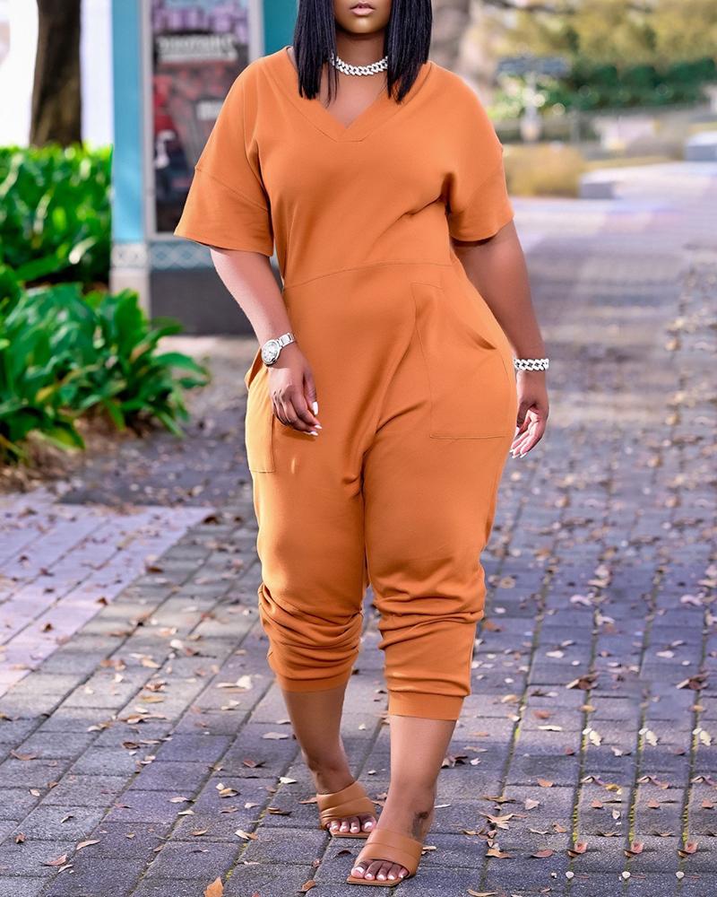 

Pocket Design Plain Short Sleeve Jumpsuit, Orange