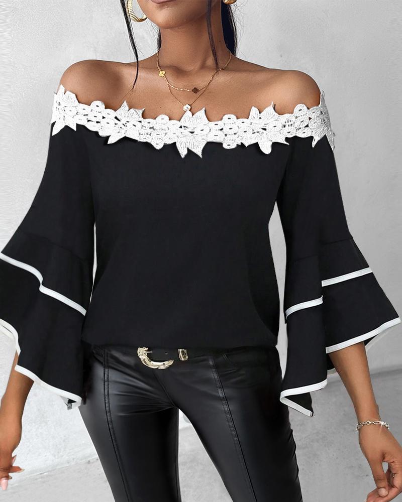 

Contrast Lace Bell Sleeve Off Shoulder Top, Blackwhite