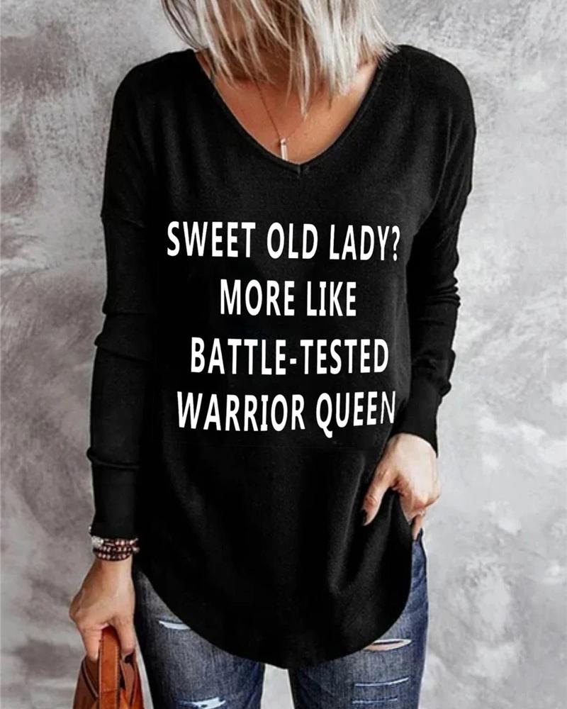 

Long Sleeve V-Neck Letter Print Top, Black