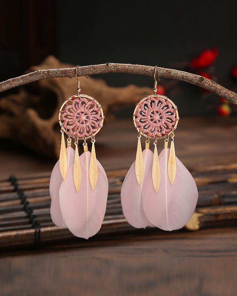 

1Pair Feather Decor Dream Catcher Shaped Drop Earrings, Pink
