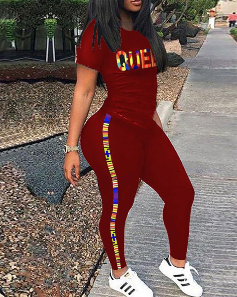 

Plus Size Letter Print Casual Top & Pants Set, Wine red