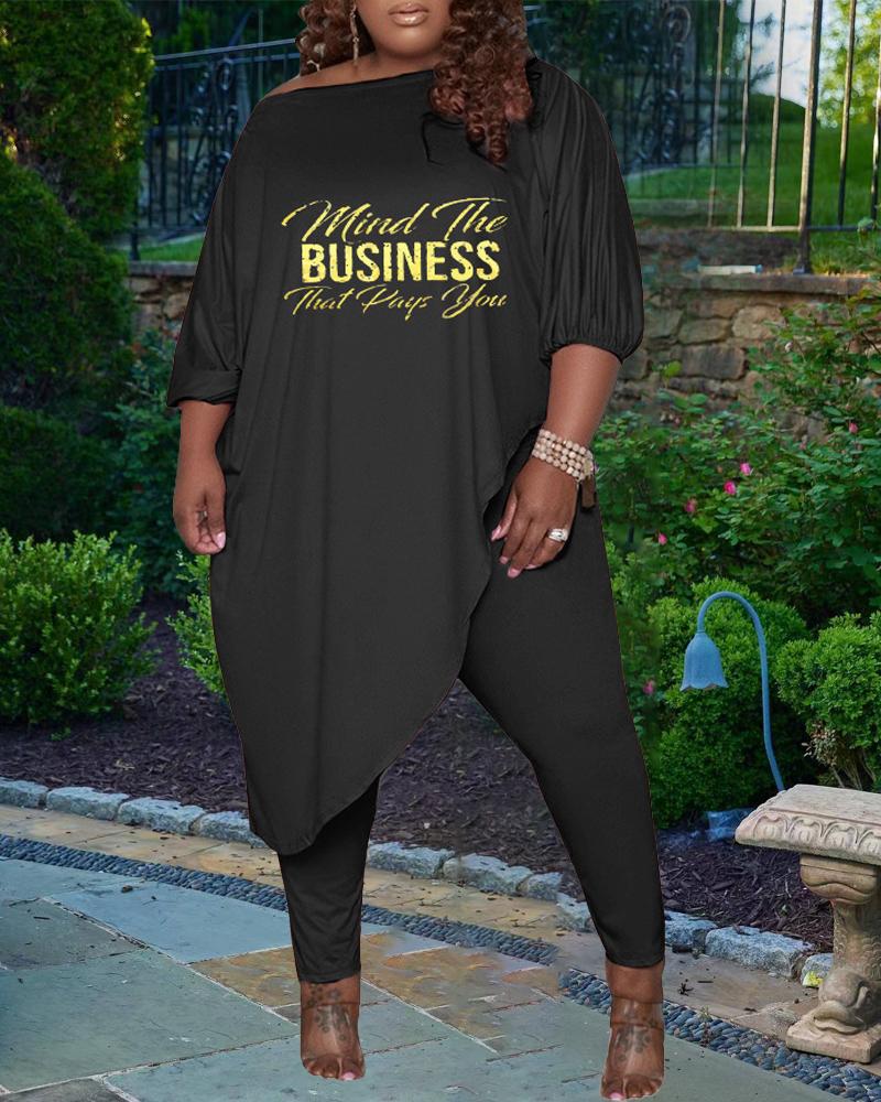 

Plus Size Letter Print Asymmetrical Top & Pants Set, Black