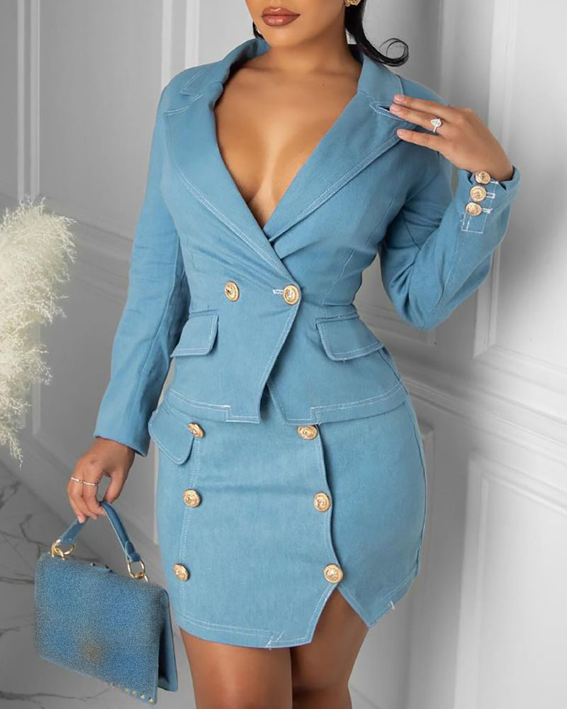 

Long Sleeve Double Breasted Blazer Coat & Skirt Set, Blue