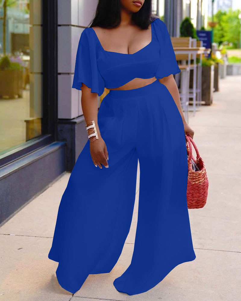 

Bell Sleeve Tie Back Crop Top & Wide Leg Pants Set, Blue