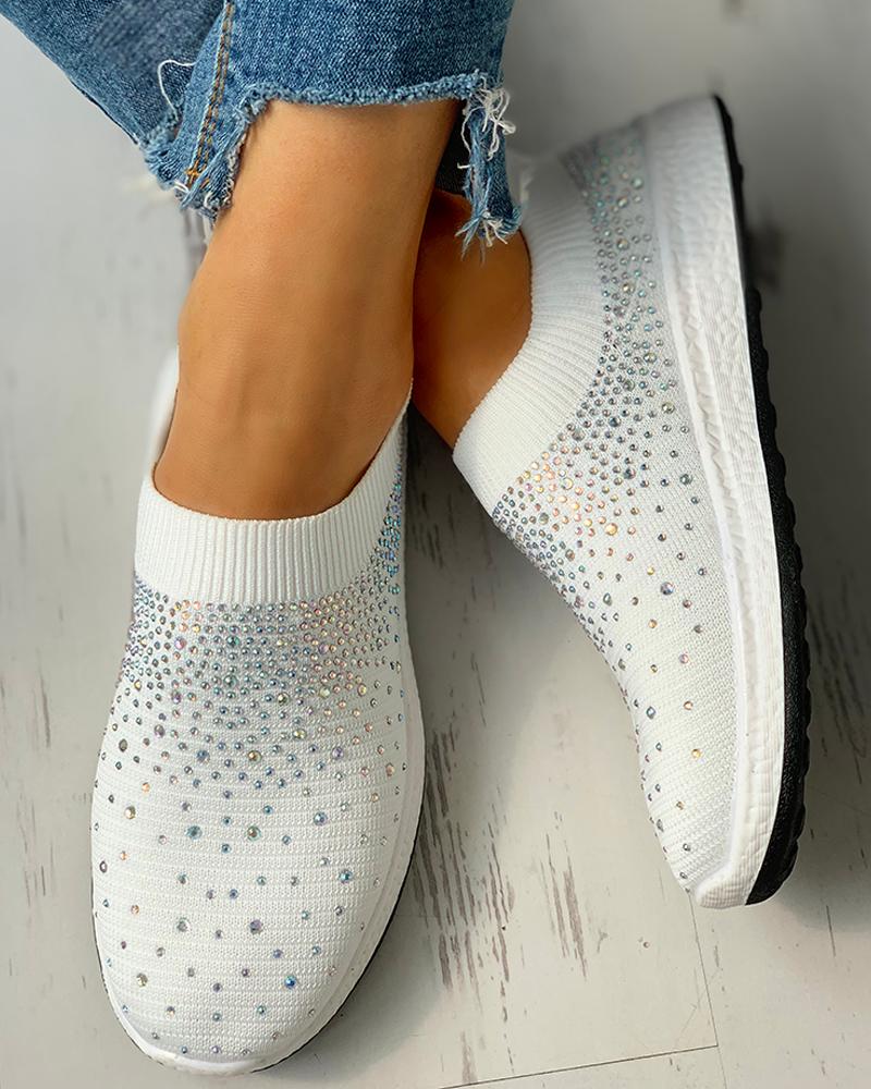 

Hot Stamping Ribbed Breathable Knitting Sneakers, White