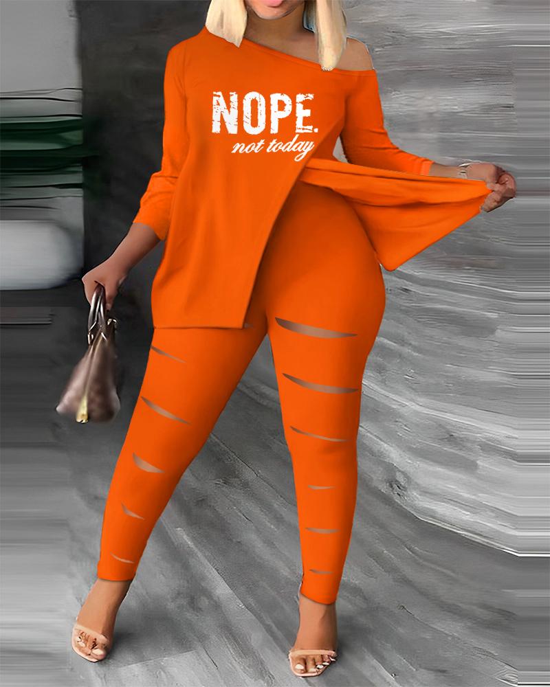 

Plus Size Nope Not Today Split Hem Top & Pants Set, Orange